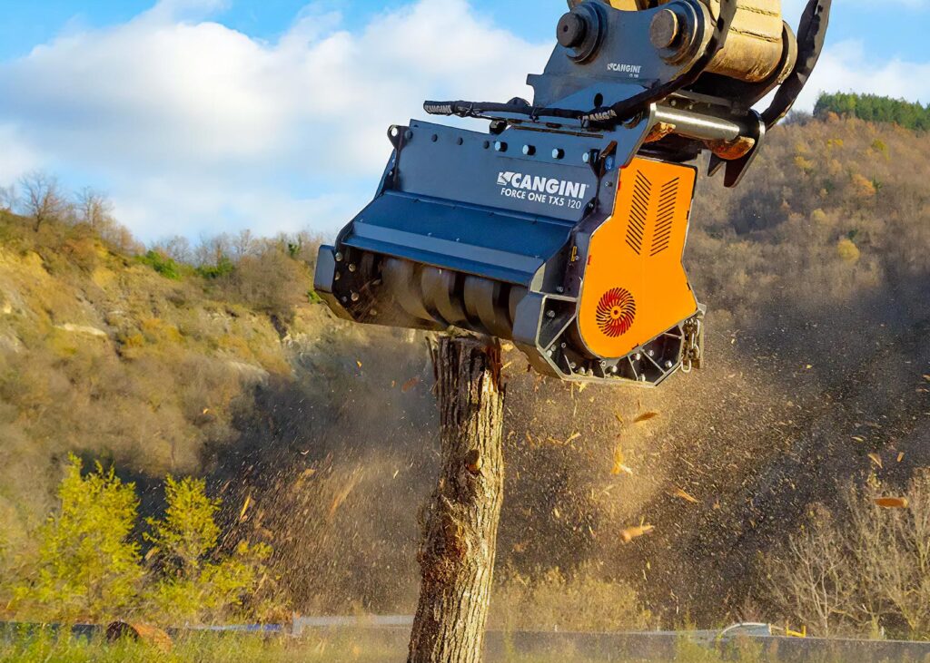 Testata trinciante Cangini montata su escavatore durante un intervento di trinciatura su tronco in area boschiva.