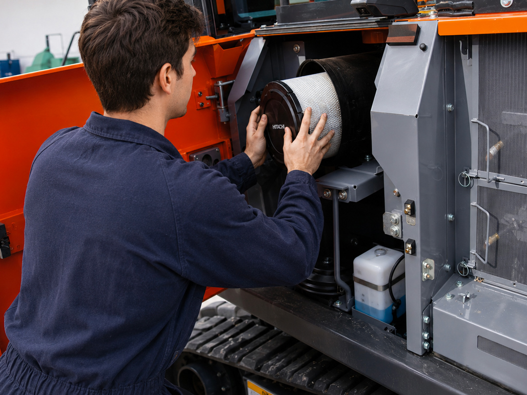 Tecnico RMC durante la sostituzione del filtro dell'aria su un escavatore Hitachi in officina.